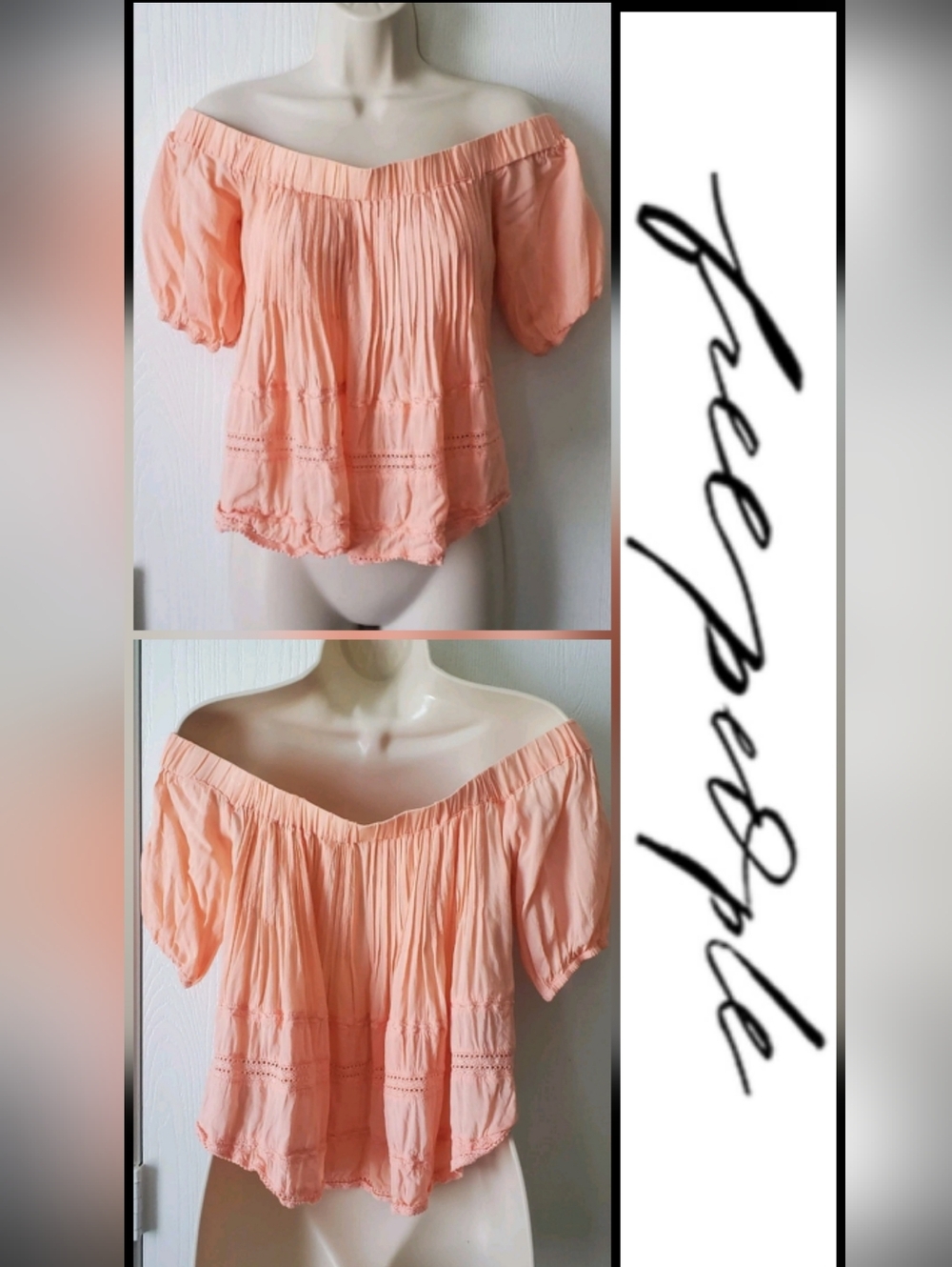 Free People Crochet Detail Trim Boho Off-Shoulder Peasant Top